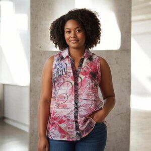 KARV (XL) Pink/Black Lace Multicolored Collared/Sleeveless Blouse